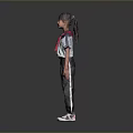 Young Girl in School Uniform White Blue Top Red Scarf Pants White Sneakers Gray Background