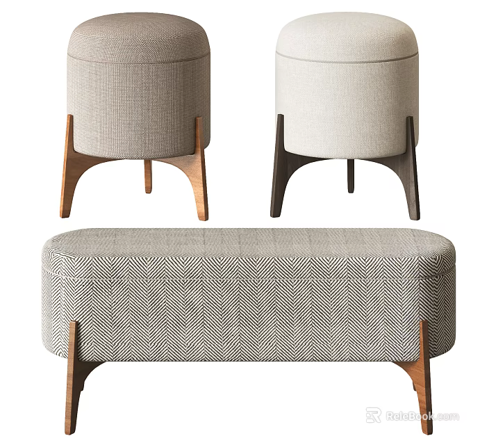Three Modern Upholstered Ottoman Benches with Wooden Legs and Neutral Fabric Design 3d model 