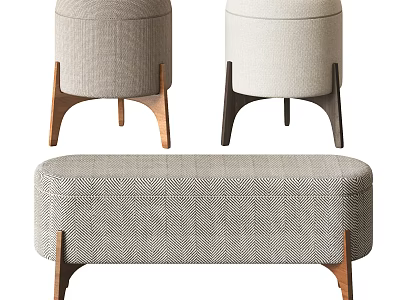 Three Modern Upholstered Ottoman Benches with Wooden Legs and Neutral Fabric Design 3d model