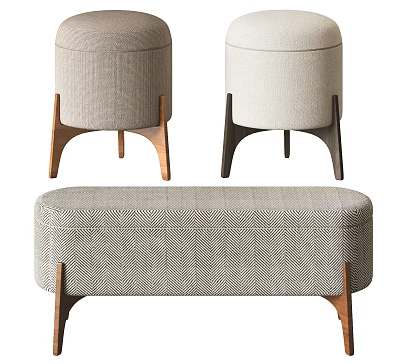 Three Modern Upholstered Ottoman Benches with Wooden Legs and Neutral Fabric Design 3d model