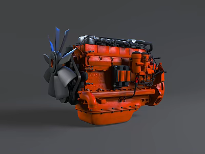 Orange Industrial Engine With Cylinders Pipes And Mechanical Components 3d model