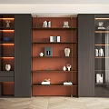 Elegant Modern Decorative Cabinet With Dark Wood Frame Glass Doors And Shelves Displaying Books Artworks
