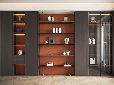 Elegant Modern Decorative Cabinet With Dark Wood Frame Glass Doors And Shelves Displaying Books Artworks 3d model