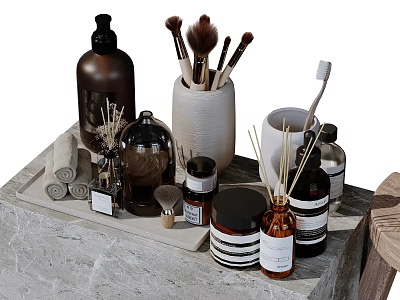 Stylish Bathroom Set With Essential Accessories Brushes And Jars On Marble Countertop 3d model