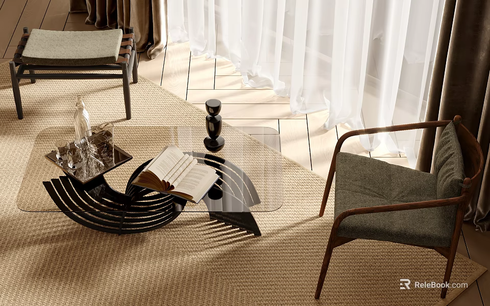 Modern Leisure Chair With Wooden Frame And Comfortable Grey Fabric In Living Room 3d model 