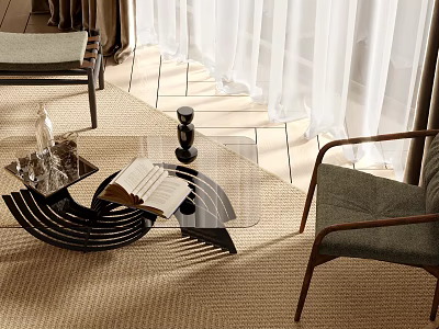 Modern leisure chair single chair coffee table wooden floor curtain gauze curtain 3d model