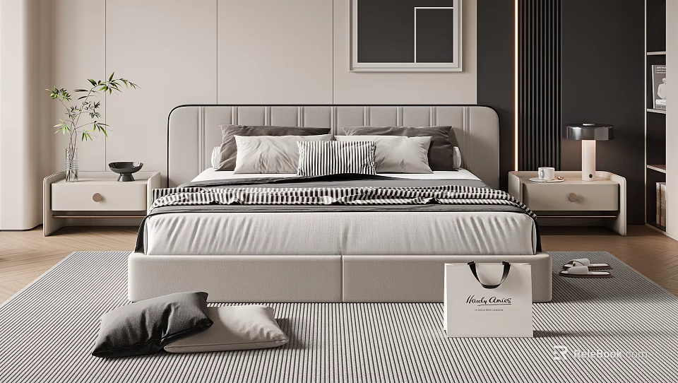 Modern Double Bed With Upholstered Headboard Striped Pillows Bedding Side Tables And Patterned Rug 3d model 