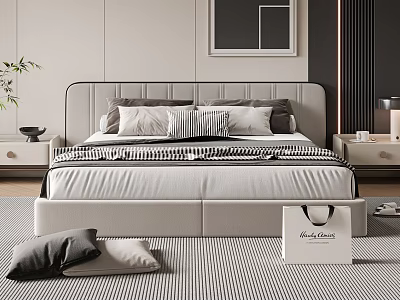 Modern Double Bed With Upholstered Headboard Striped Pillows Bedding Side Tables And Patterned Rug 3d model