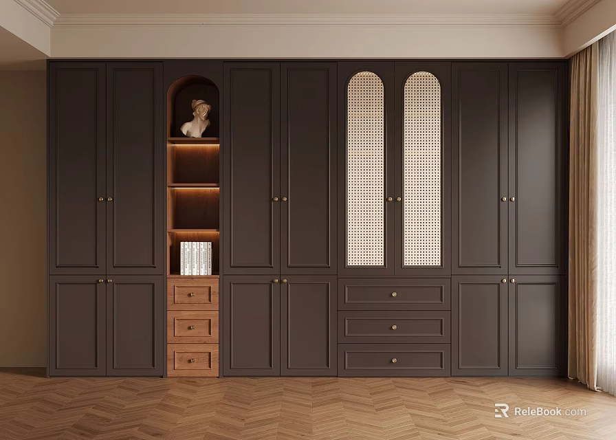 Modern Dark Wardrobe Design With Arch Grid Panels Open Shelves And Wooden Drawers 3d model 