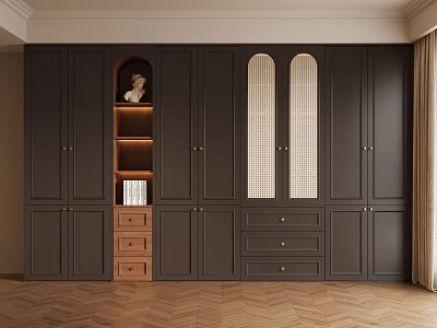 Modern Dark Wardrobe Design With Arch Grid Panels Open Shelves And Wooden Drawers 3d model