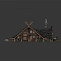 Rustic Wooden Cottage Featuring Tiled Roof Chimney Grass Surroundings Rabbit On Porch Steps