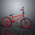Red BMX Bicycle With Black Seat High Handlebar And Red Rimmed Wheels On Gray Background