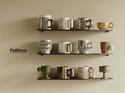 Poliform Decorative Mugs Display On Wall Shelves With Various Designs 3d model
