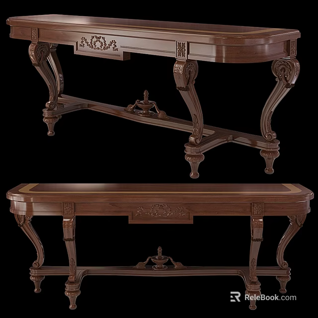 Classic Wooden Dining Table With Intricate Carvings And Matching Bench 3d model 