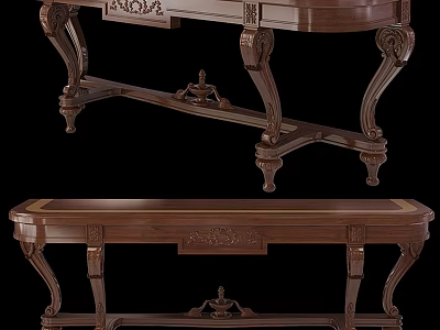 Classic Wooden Dining Table With Intricate Carvings And Matching Bench 3d model