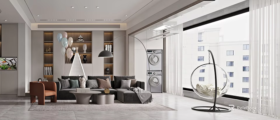 Modern Minimalist Living Room With Grey Sofa Round Coffee Tables Open Shelves And Hanging Chair 3d model 