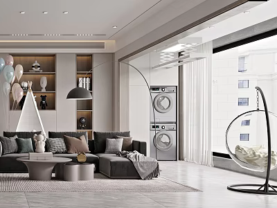 Modern Minimalist Living Room With Grey Sofa Round Coffee Tables Open Shelves And Hanging Chair 3d model