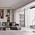 Modern Minimalist Living Room With Grey Sofa Round Coffee Tables Open Shelves And Hanging Chair