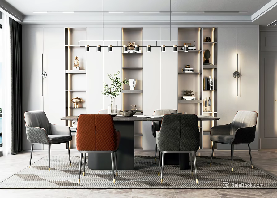 Modern Restaurant Interior With Dining Table Gray Orange Chairs Pendant Light And Decorative Shelves 3d model 