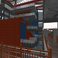 Industrial Building Interior With Multi Level Platforms Orange Blue Walls White Railings Safety Signs