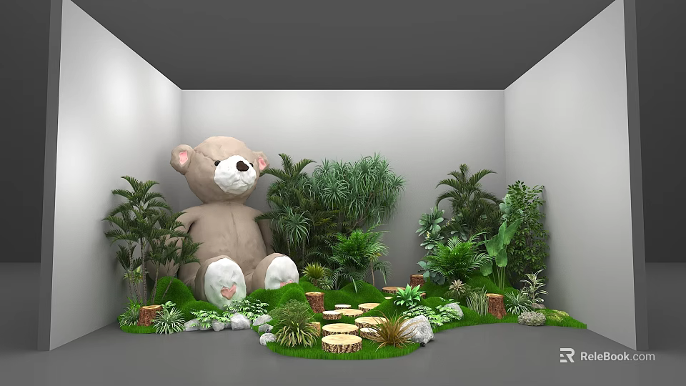 Giant Teddy Bear Photo Spot With Lush Green Plants And Natural Decor 3d model 