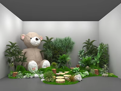Giant Teddy Bear Photo Spot With Lush Green Plants And Natural Decor 3d model