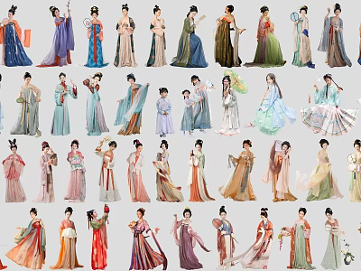 Multiple People Wearing Traditional Hanfu Costumes With Various Styles And Colors 3d model