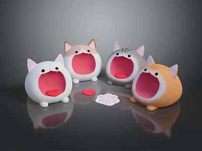 Cute Cartoon Animal Figures With Open Mouth And Colorful Heart Paw Prints 3d model