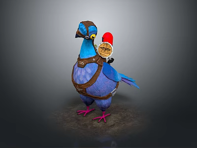 Blue Pigeon With Brown Harness Carrying Red Package Containing Cookies 3d model