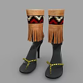 Black High Heels With Gold Chain Decorations And Brown Fringe Boots With Colorful Geometric Patterns