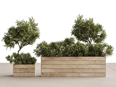 Wooden Flower Planters With Green Plants Different Sizes For Garden Decoration 3d model