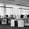Modern Public Office Space With Open Layout Desks Computers White Pillars And Hanging Lights 3d model