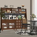 Decorative Ornament Combination on Wooden Multi Tiered Display Cabinet with Green Plant and Vase Flowers