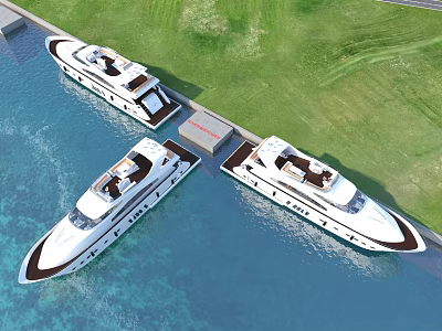 Three Luxury Yachts Docked At Marina With Clear Water And Grass 3d model