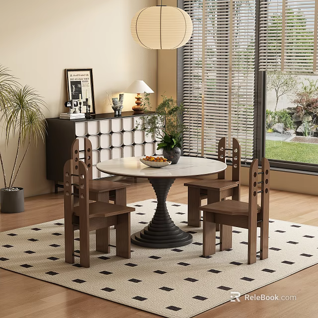 Modern Restaurant Interior With Round Dining Table Wooden Chairs Pendant Light And Decorative Plants 3d model 