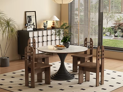 Modern Restaurant Interior With Round Dining Table Wooden Chairs Pendant Light And Decorative Plants 3d model