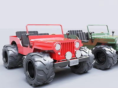 Red And Green Open Top Off Road Cars With Large Tires And Classic Design 3d model