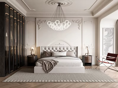 Elegant Bedroom Interior Design With Tufted Headboard Crystal Chandelier Paneled Walls Area Rug And Armchair 3d model