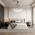 Elegant Bedroom Interior Design With Tufted Headboard Crystal Chandelier Paneled Walls Area Rug And Armchair