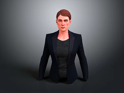Realistic Female Upper Body With Black Blazer And Dark Top Against Gray Gradient Background 3d model