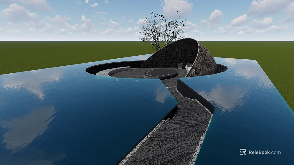 Modern Landscape Seating In Water Pool With Pathway And Natural Scenery 3d model 
