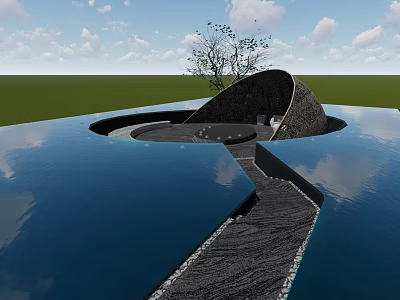 Modern Landscape Seating In Water Pool With Pathway And Natural Scenery 3d model