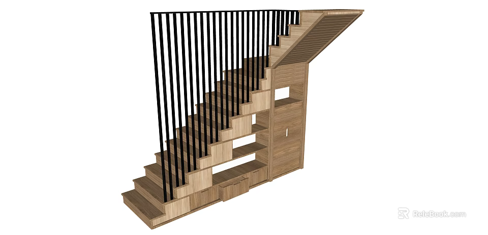 Modern Wooden Staircase With Black Railing And Built in Storage Shelves 3d model 