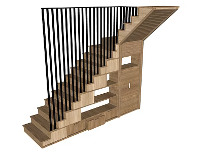 Modern Wooden Staircase With Black Railing And Built in Storage Shelves 3d model