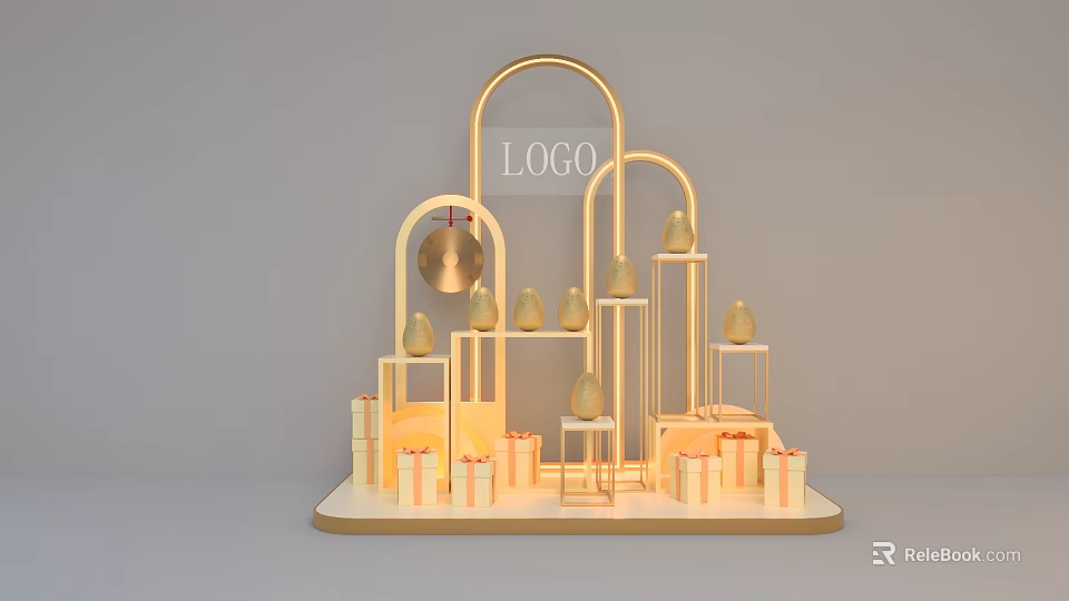 Commercial Display Equipment With Golden Arch Structure Logo Placement Pear Shaped Decorations And Gift Boxes 3d model 