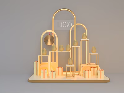 Commercial Display Equipment With Golden Arch Structure Logo Placement Pear Shaped Decorations And Gift Boxes 3d model