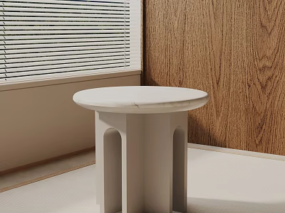 White Round Marble Top Side Table Against Wooden Wall With Window Blinds 3d model