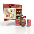 Vintage Store Corner With Tommy Bonnie Sign Red Cabinet Shelves Barrel And Boxes