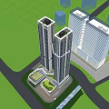 Modern Office Building Complex With Tall Glass Skyscrapers And Connecting Sky Bridge