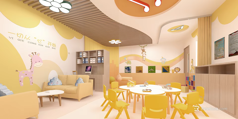 Vibrant Children's Activity Room With Yellow Chairs Round Table Bookshelves And Cartoon Decorations 3d model 